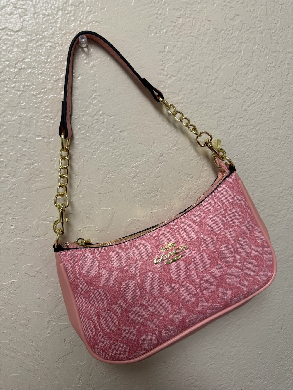Coach Pink Signature Canvas Mini Shoulder Bag with Gold Chain